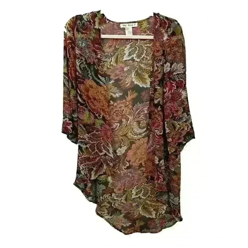 Say What Womens Small Multicolor Floral Boho Kimono Open Front Sheer 3/4 Sleeves